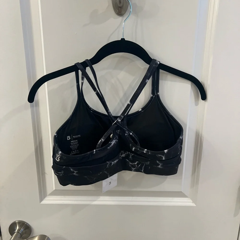 BuffBunny Black Marble Strappy Cross-Back Sports Bra